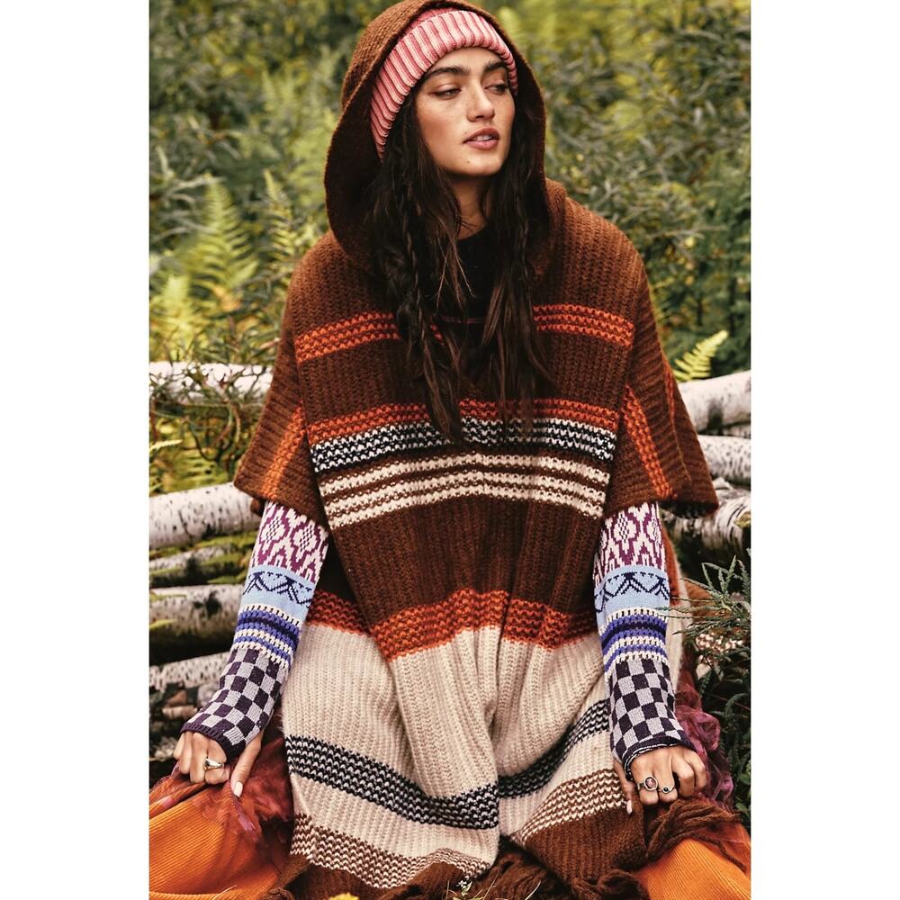 Free People Western Bohemian Leslie Striped Poncho in Canyon Combo Brown OS